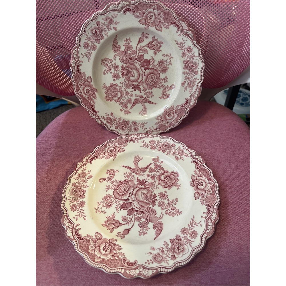 Crown Ducal Bristol Pink Dinner Plates Set 2 English Transferware 9.75" 762055
